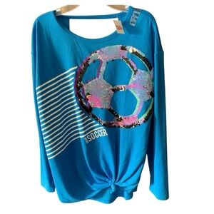 JUSTICE Soccer Top Reversible Sequins Tie Front Blue Girls Size 14-16 New